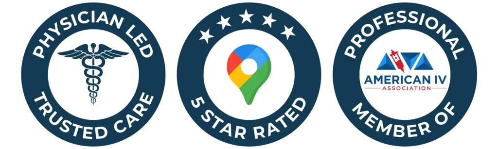Physician-led badge, 5-star-rated badge, and American IV Association membership badge