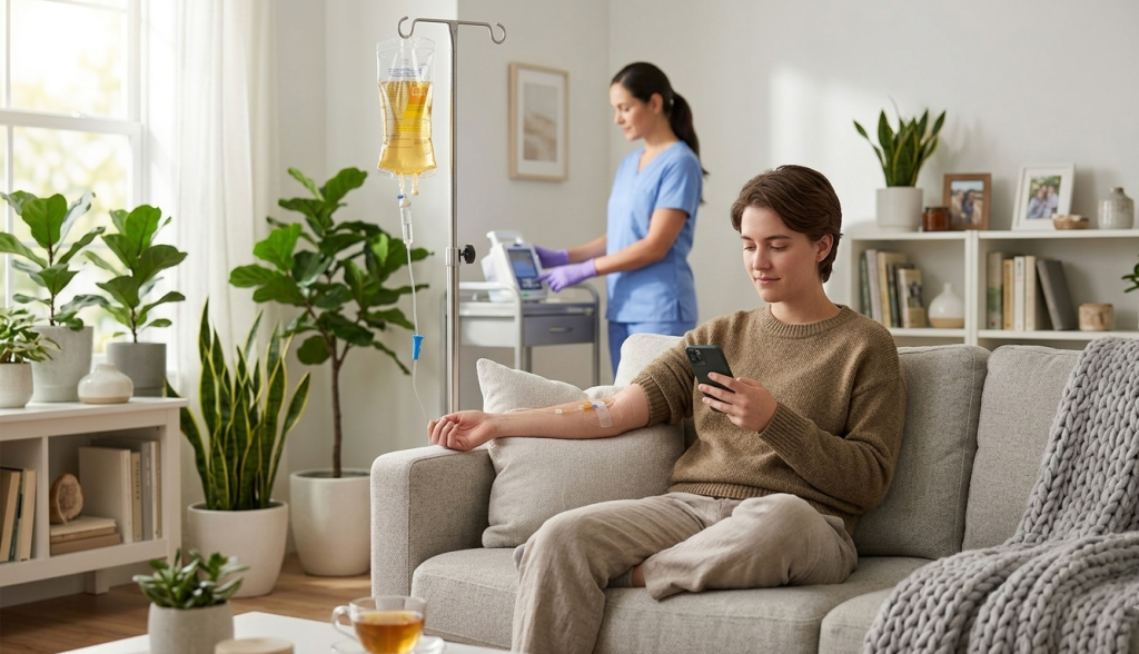 Girl getting an IV from a nurse in her house while scrolling on her phone