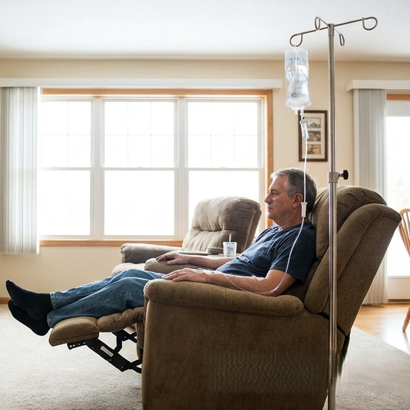 man receiving IV at home