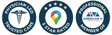 Physician-led badge, 5-star-rated badge, and American IV Association membership badge